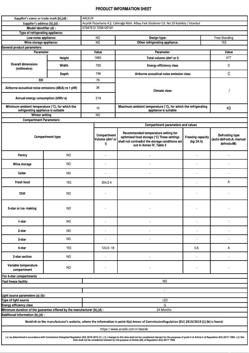 Page 1 de la notice Fiche technique Arçelik 570476 EI