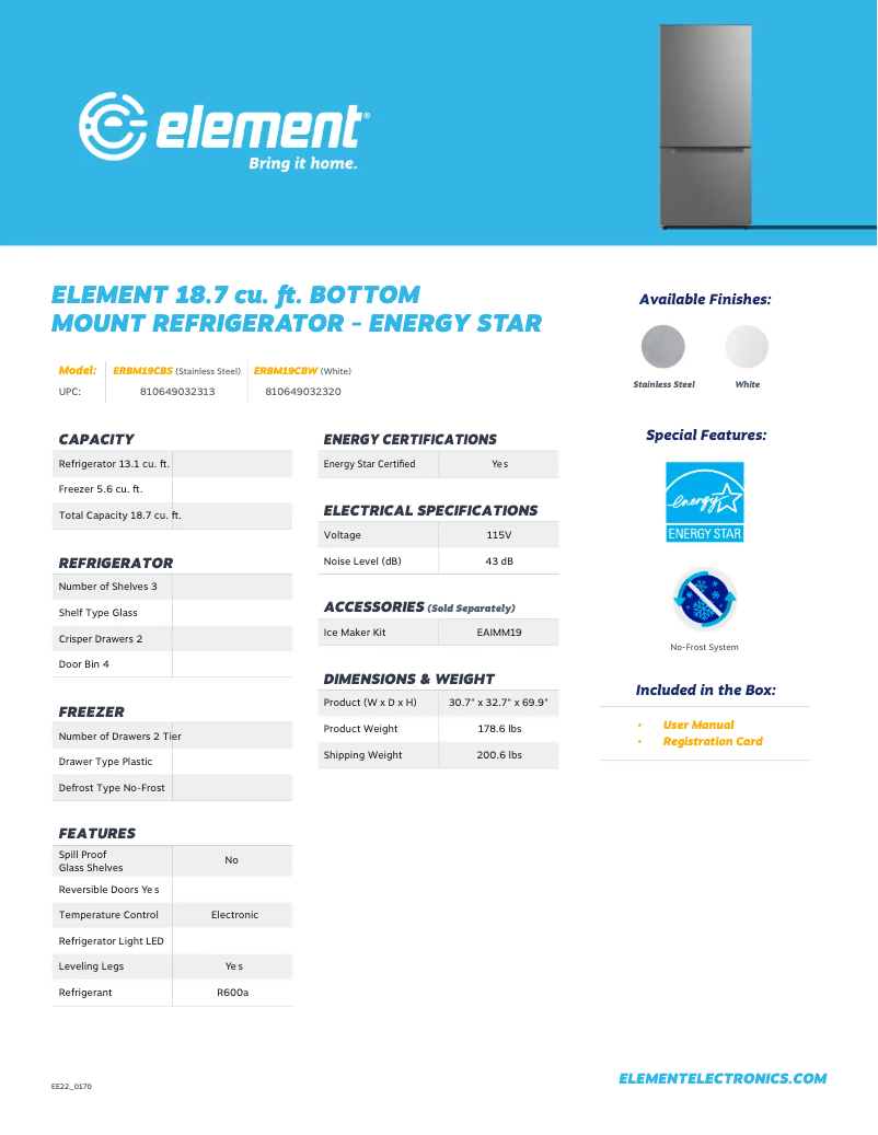 Page 1 de la notice Fiche technique Element ERBM19CBW