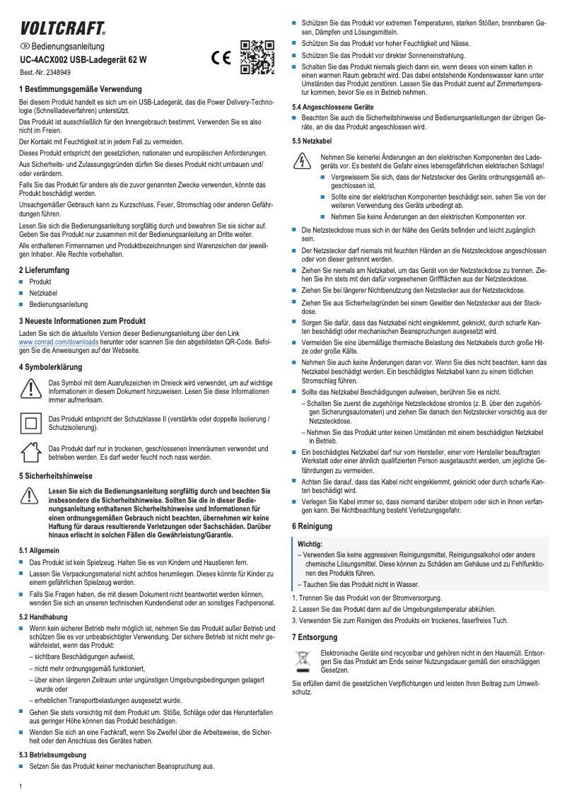 Page 1 de la notice Manuel utilisateur Voltcraft UC-4ACX002