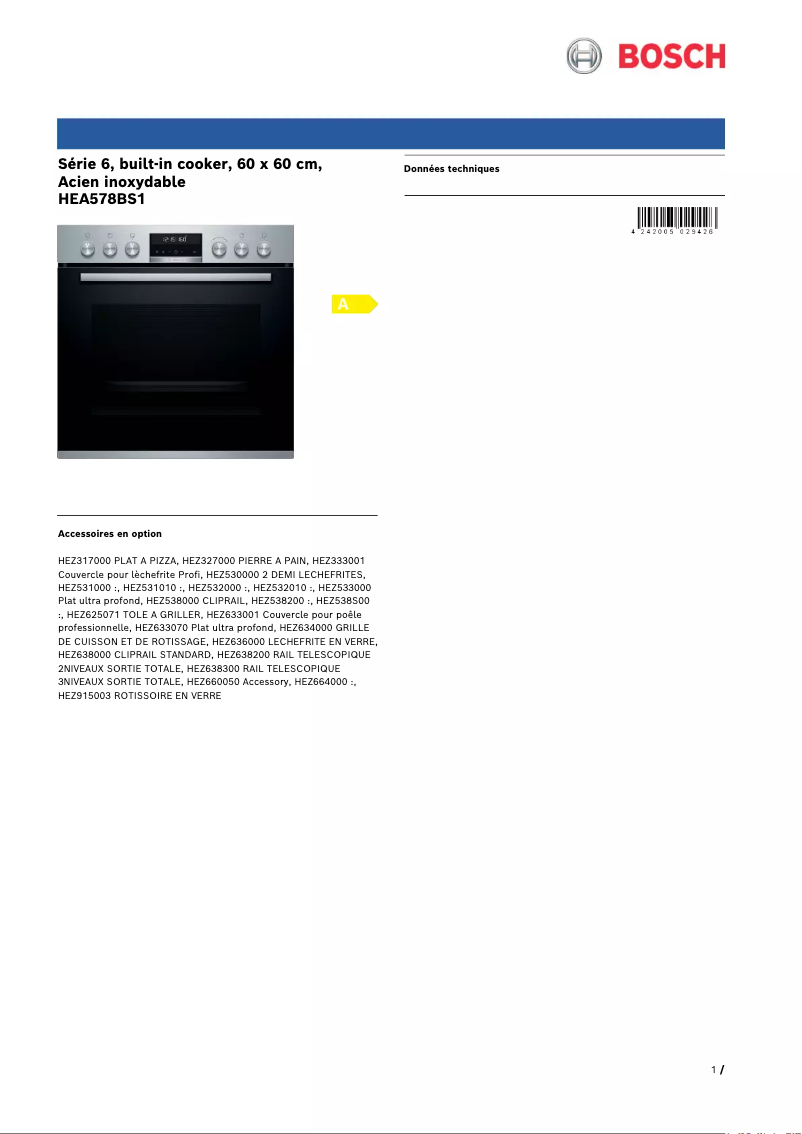 Page 1 de la notice Fiche technique Bosch HEA578BS1