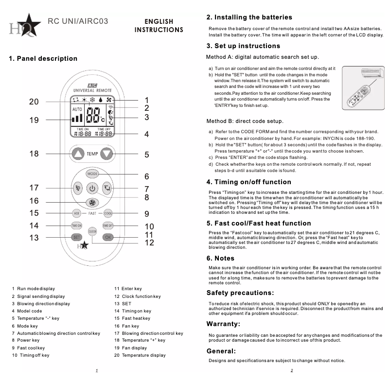 Page n°1 - Manuel utilisateur HQ RC UNI/AIRCO3