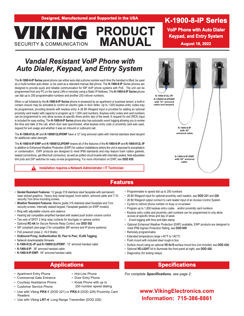 Page n°1 - Manuel utilisateur Viking K-1900-8-IP-EWP