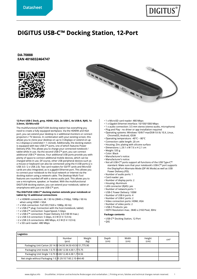 Page 1 de la notice Fiche technique Digitus DA-70888