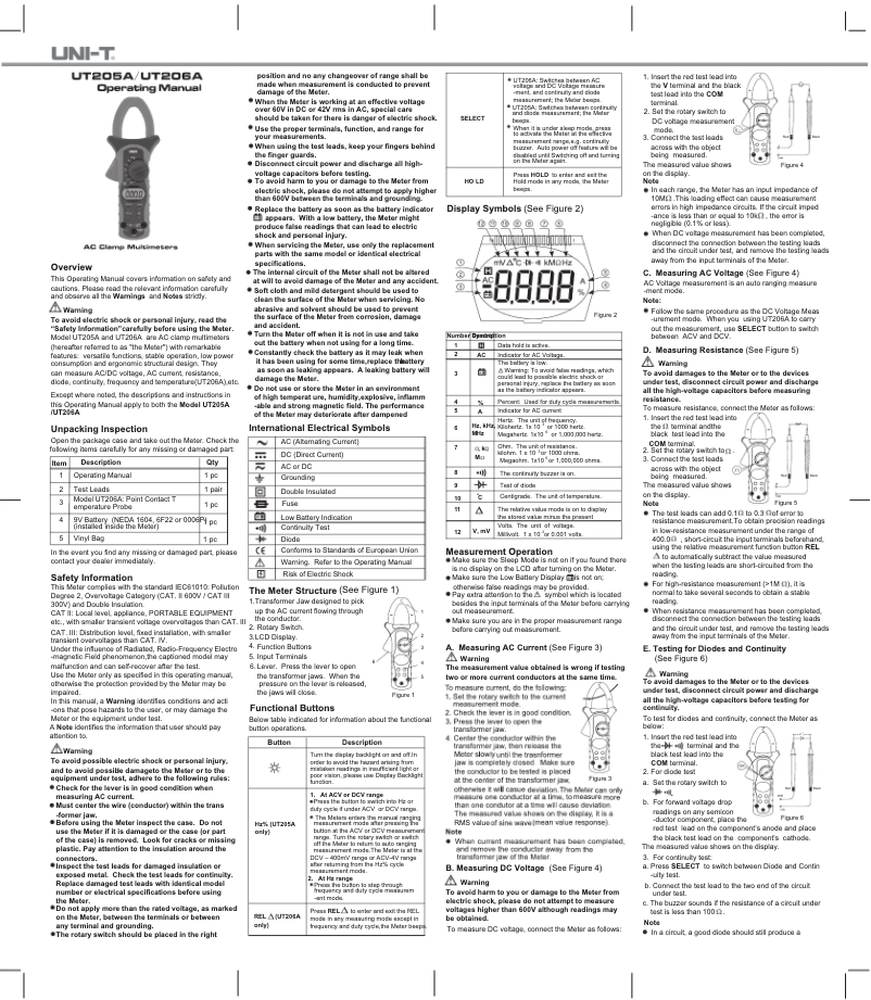 Page 1 de la notice Manuel utilisateur Uni-T UT206A