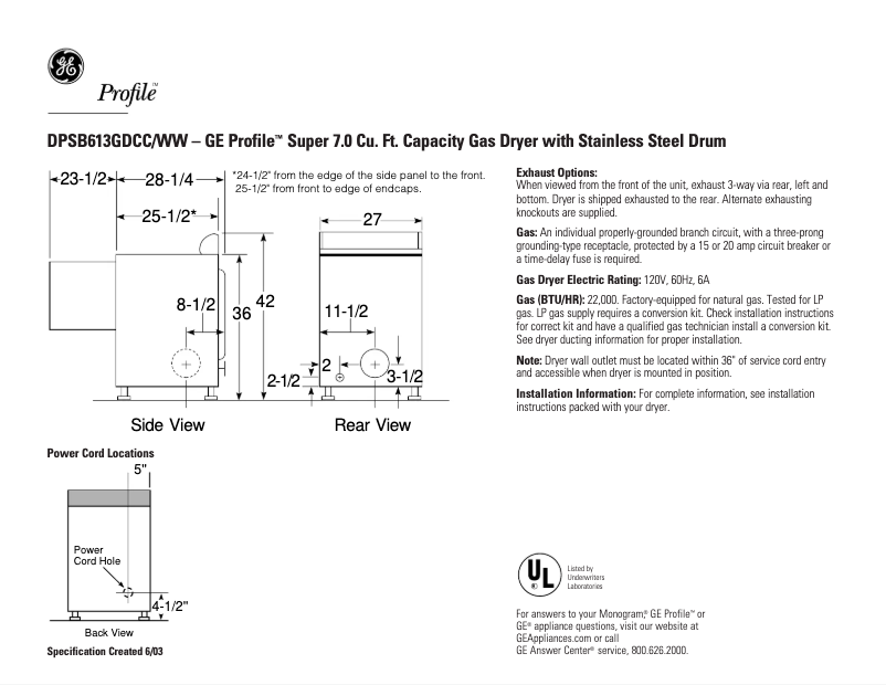 Page n°1 - Fiche technique GE Profile DPSB613GDCC