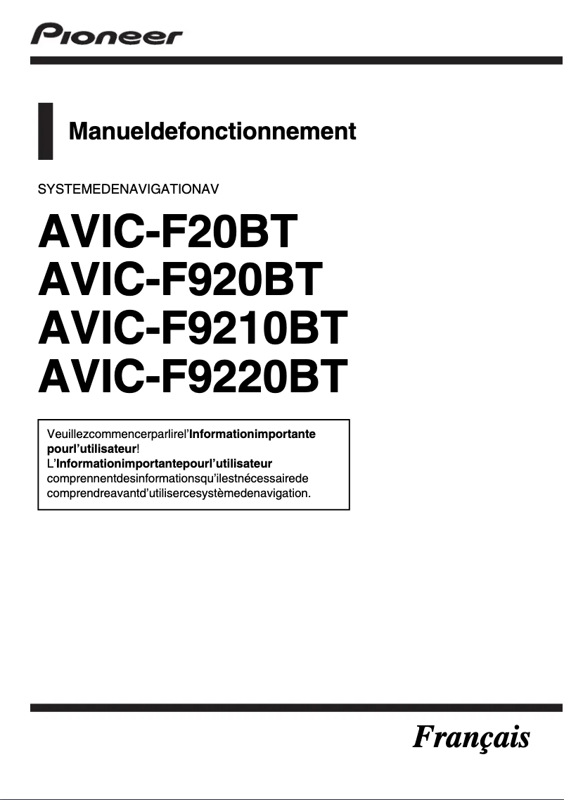 Page 1 de la notice Manuel utilisateur Pioneer AVIC-F9220BT