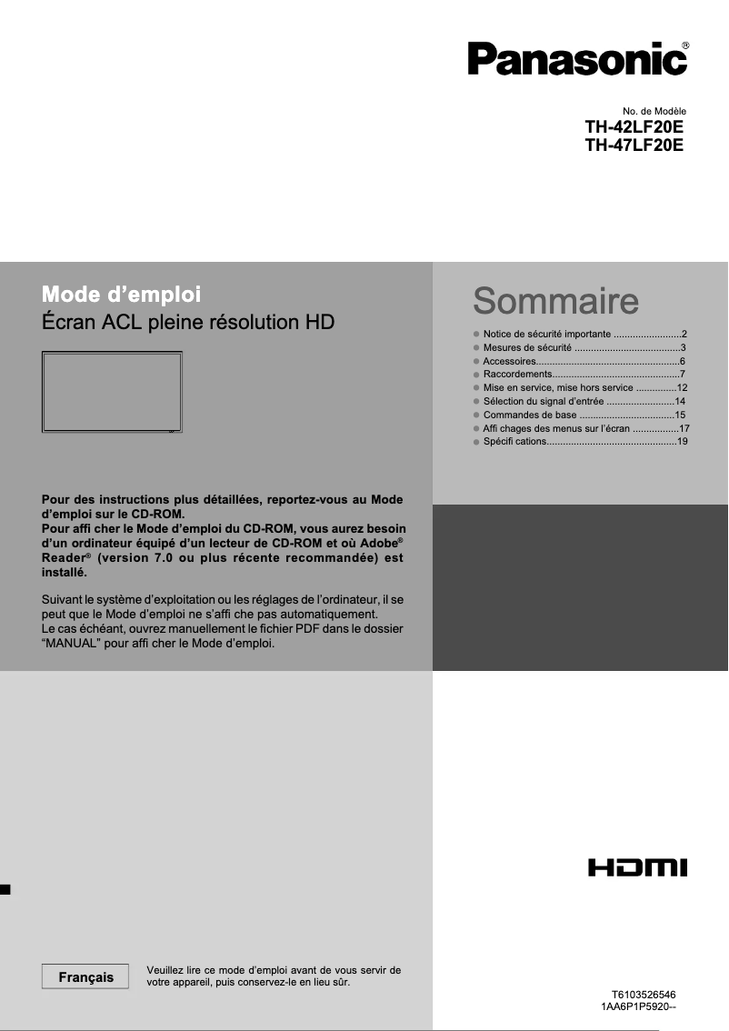 Page 1 de la notice Guide de démarrage rapide Panasonic TH-42LF20E