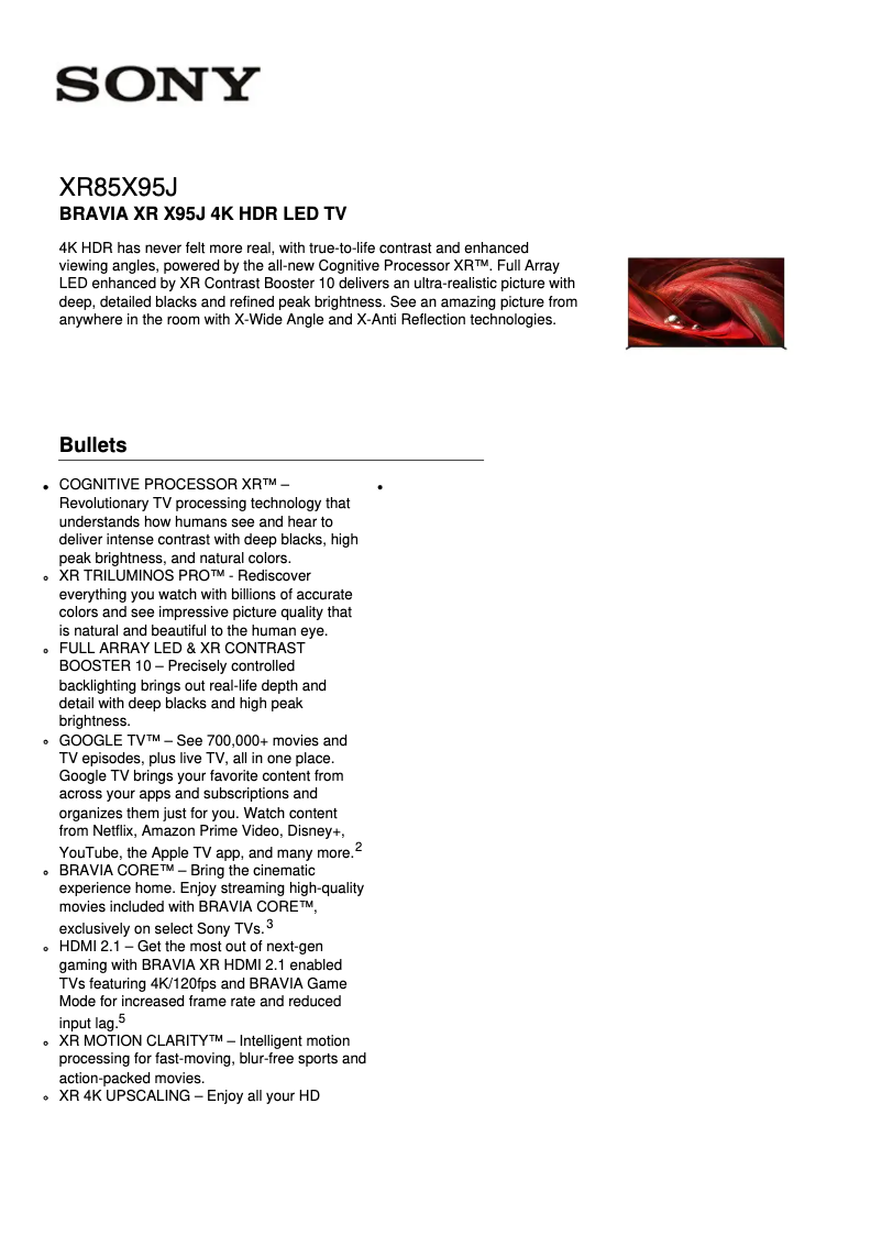 Página 1 del manual Ficha técnica Sony Bravia XR-85X95J