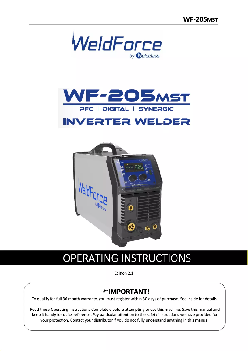 Page n°1 - Manuel utilisateur Weldclass Weldforce 205MST