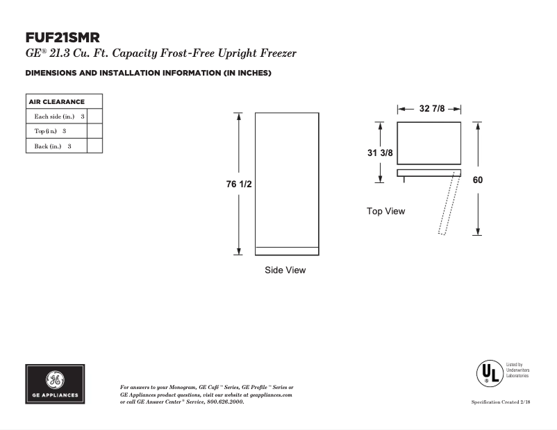 Page n°1 - Fiche technique GE FUF21SMRWW