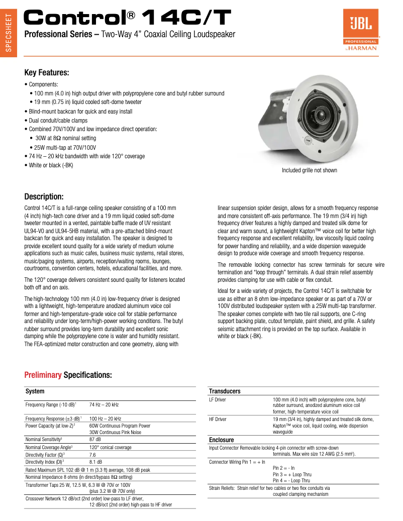 Page 1 de la notice Fiche technique JBL Control 14C/T