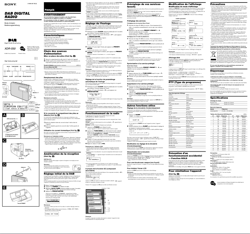 Page 1 de la notice Manuel utilisateur Sony XDR-S50
