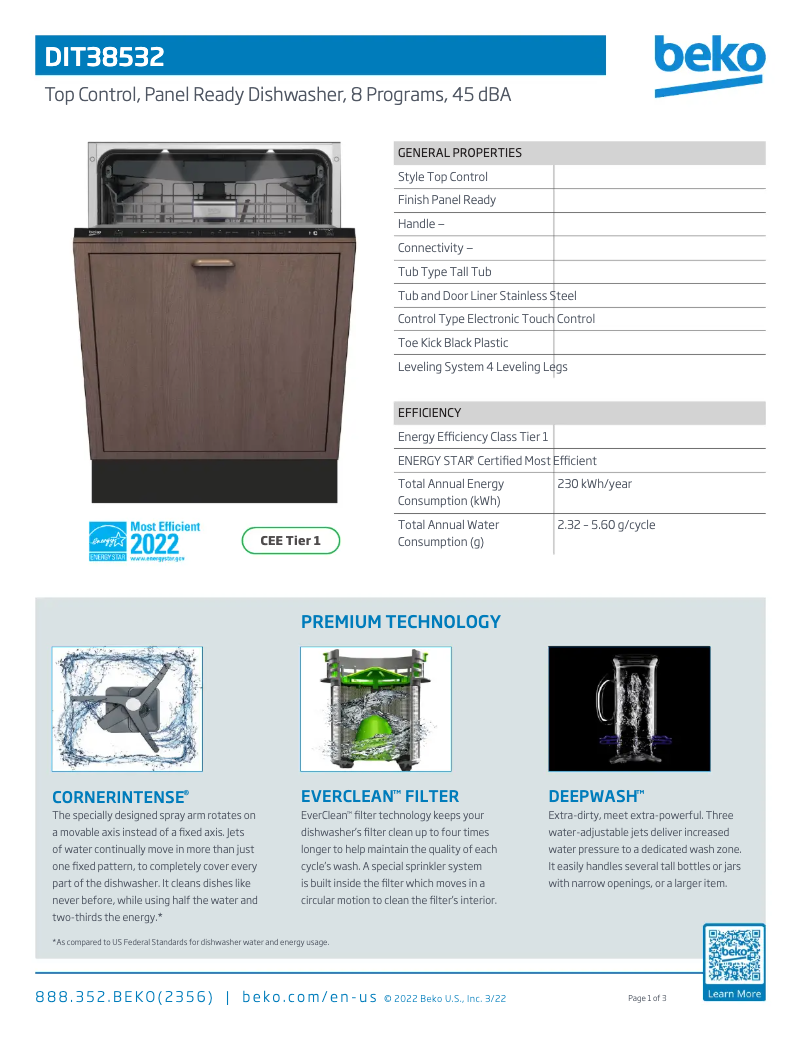 Page 1 de la notice Fiche technique Beko DIT38532