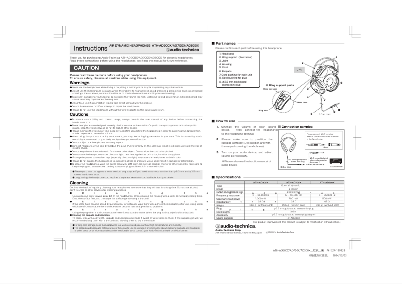 Page n°1 - Manuel utilisateur Audio-Technica ATH-AD700X