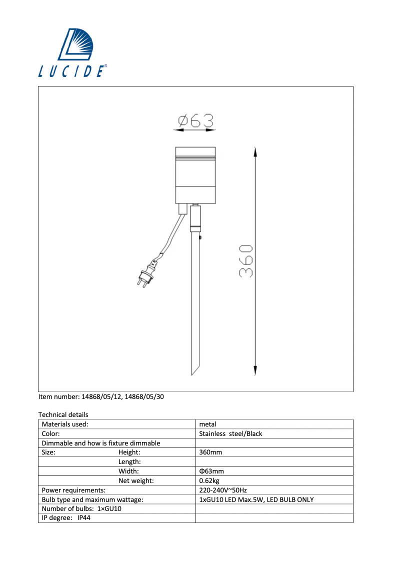 Page n°1 - Manuel utilisateur Lucide Arne 14868/05/12