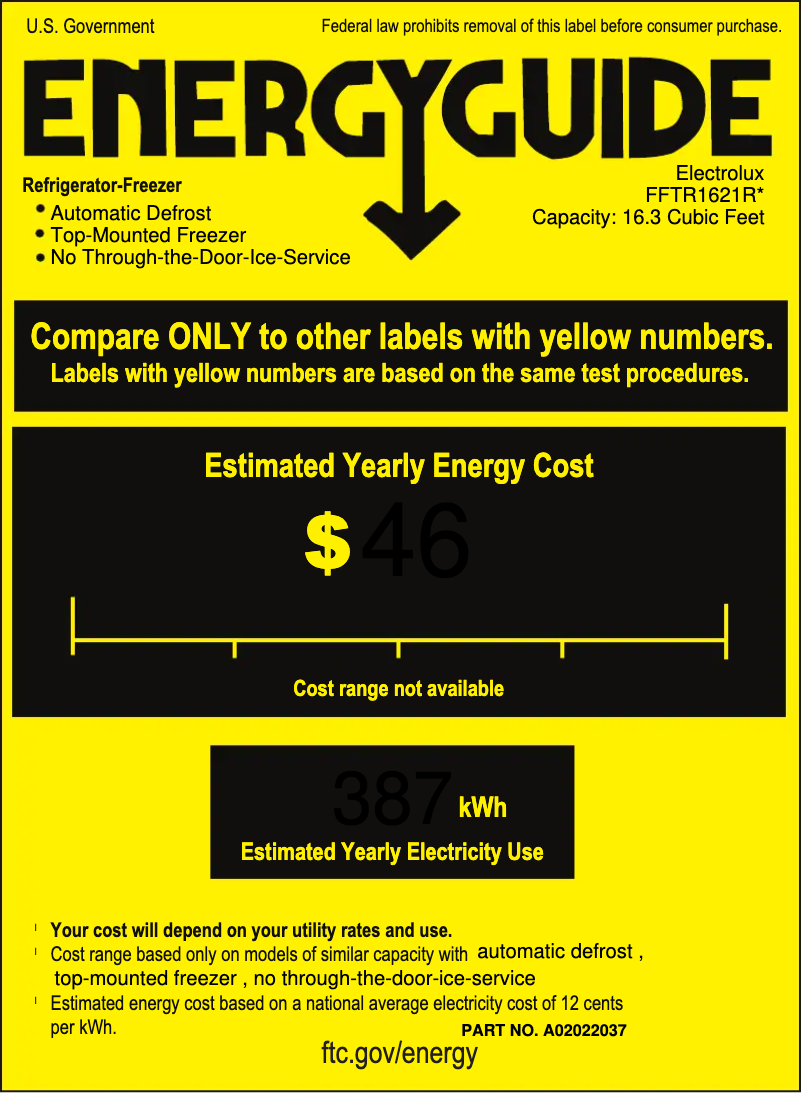 Page 1 de la notice Label énergétique Frigidaire FFTR1621R