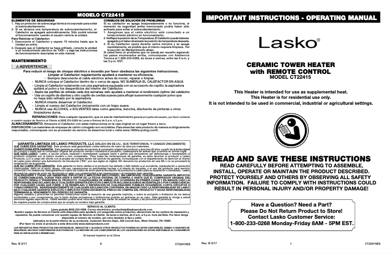 Page 1 de la notice Manuel utilisateur Lasko CT22415