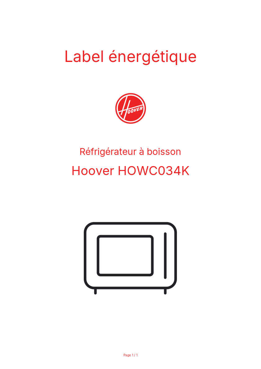 Page n°1 - Label énergétique Hoover HOWC034K