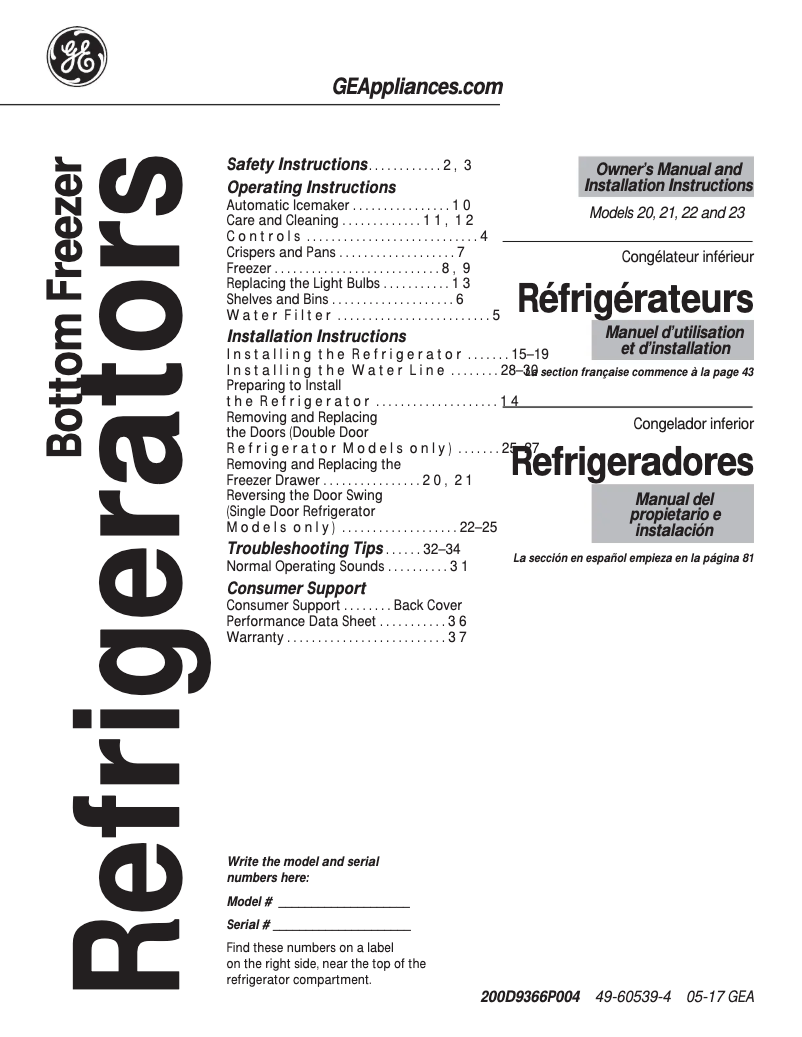 Page 1 de la notice Guide d'installation GE GDSC3KCXWW