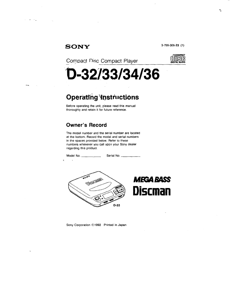 Image de la première page du manuel de l'appareil Discman D-36