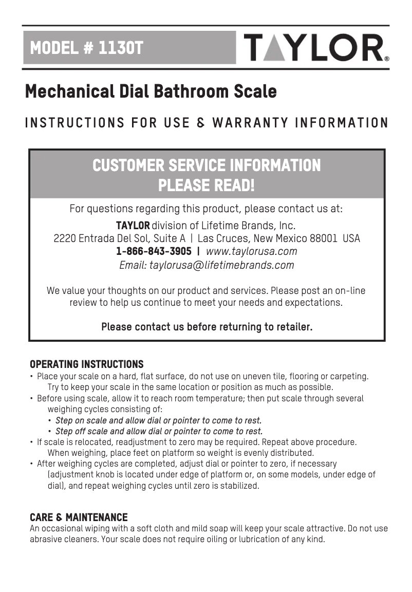 Page 1 de la notice Manuel utilisateur Taylor 1130T