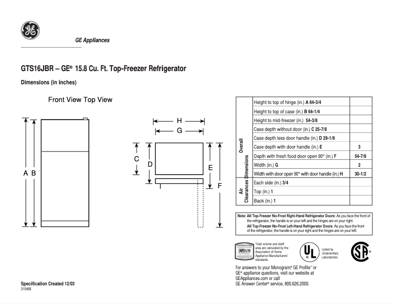 Page 1 de la notice Fiche technique GE GTS16JBRCC