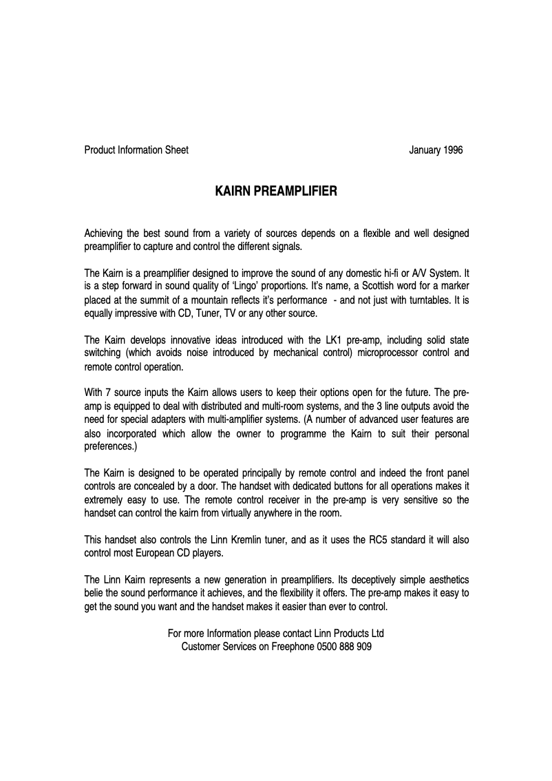 Page 1 de la notice Fiche technique Linn Kairn