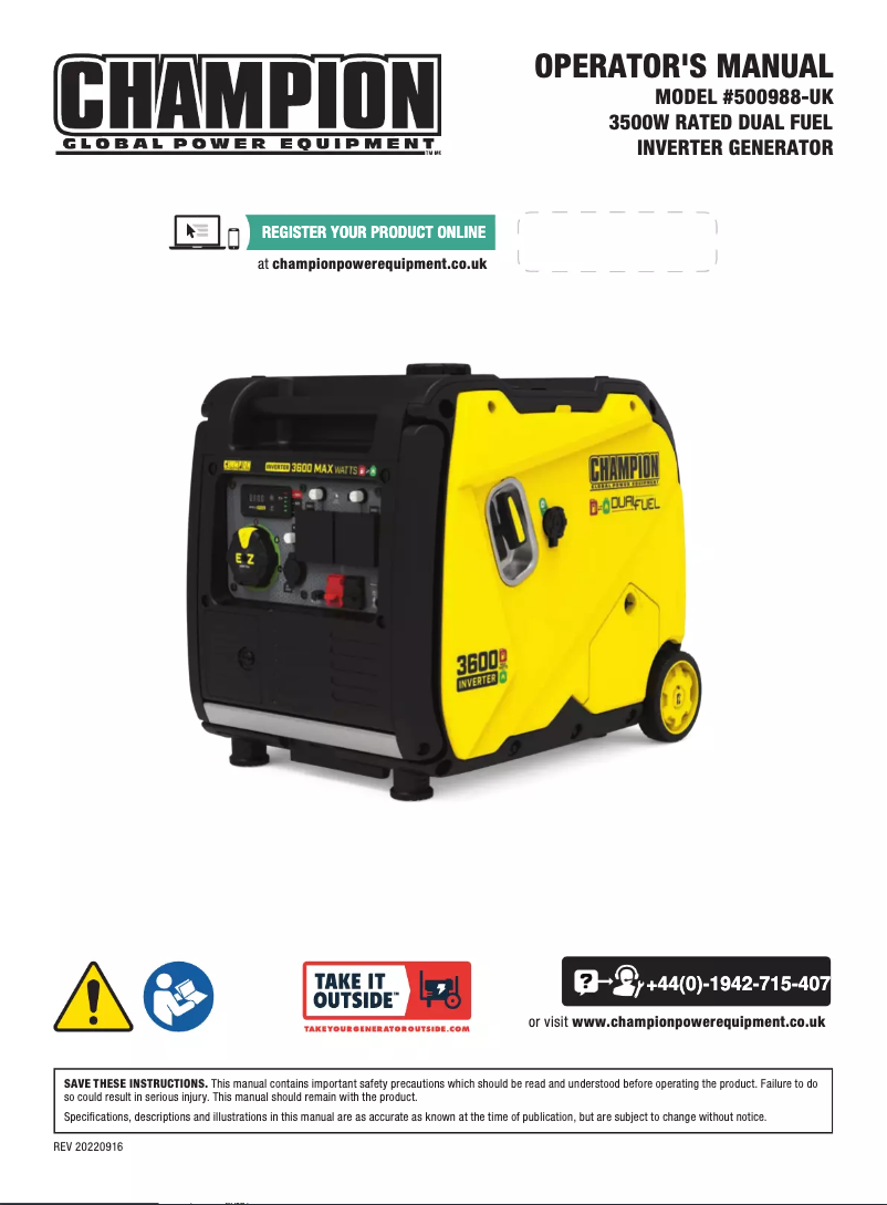 Page 1 de la notice Manuel utilisateur Champion 500988-UK