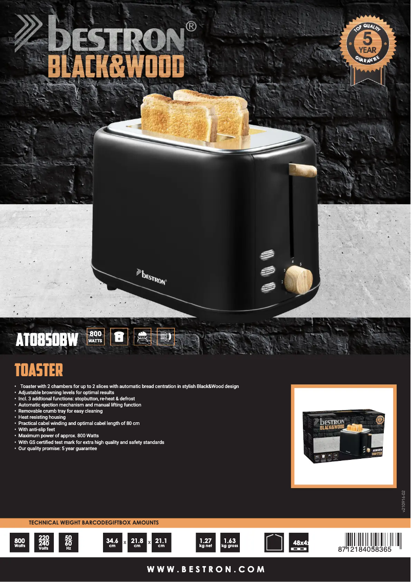 Page 1 de la notice Fiche technique Bestron ATO850BW