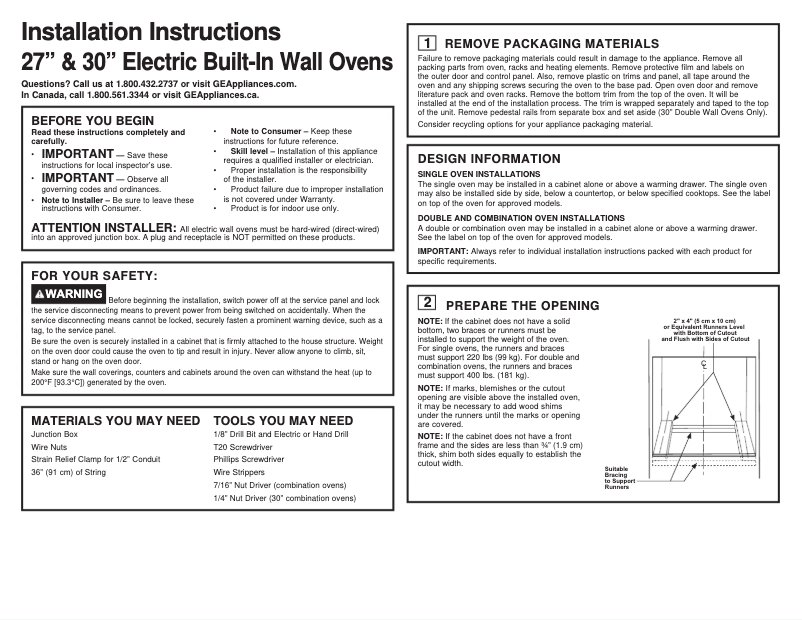 Page n°1 - Guide d'installation GE CTD90DP4NW2