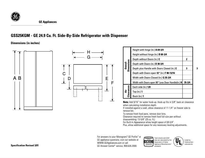 Page n°1 - Fiche technique GE GSS25KGMWW
