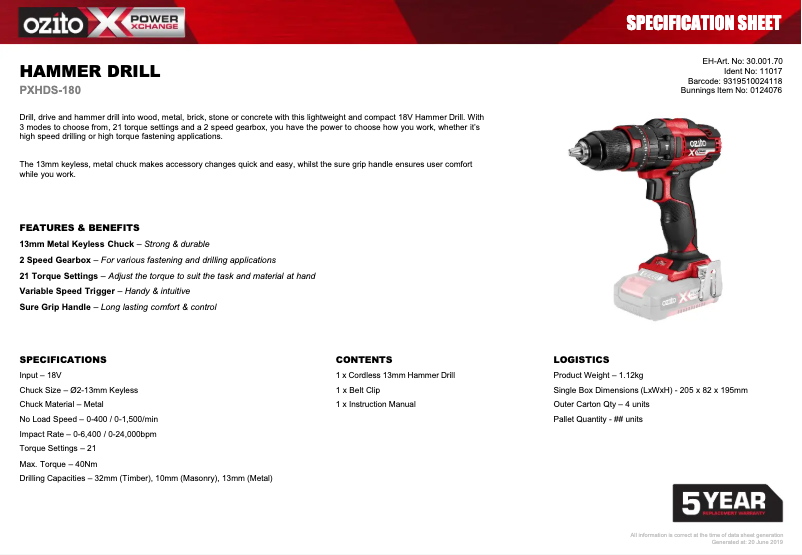 Page 1 de la notice Fiche technique Ozito PXHDS-180