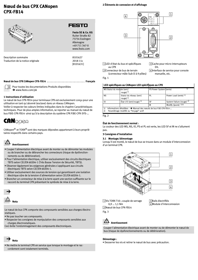 Page 1 de la notice Manuel utilisateur Festo CPX-FB14