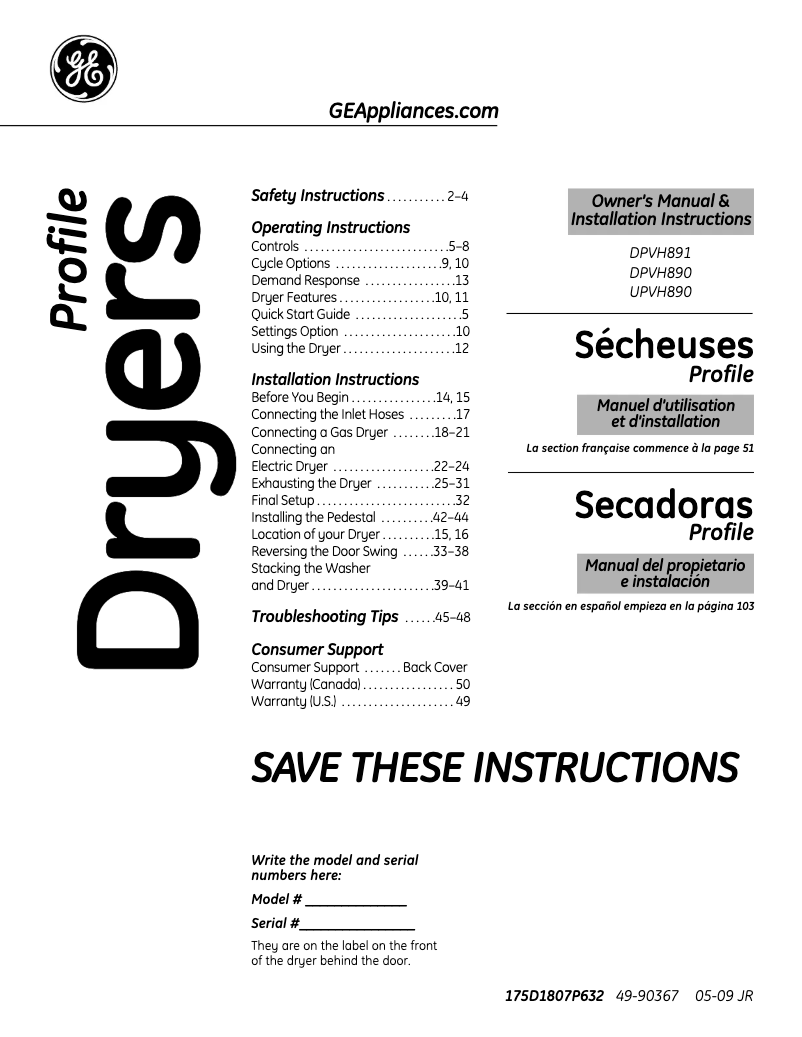 Image de la première page du manuel de l'appareil Profile DPVH890EJMG