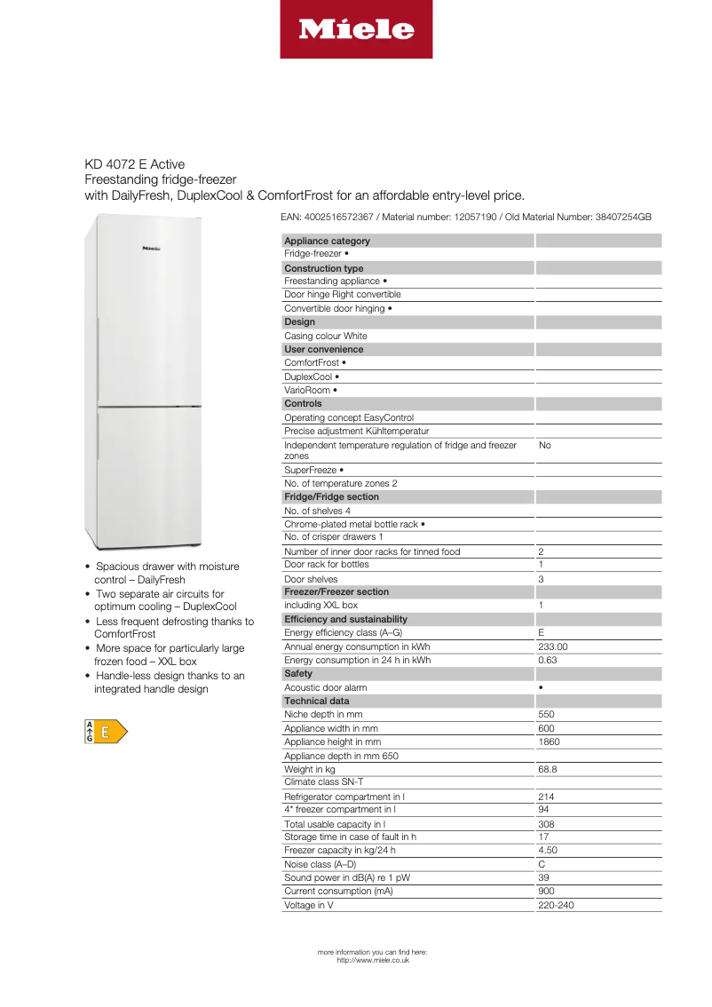 Page n°1 - Fiche technique Miele KD 4072 E Active