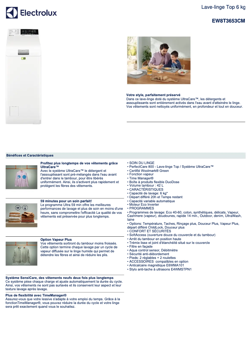 Page 1 de la notice Fiche technique Electrolux EW8T3653CM