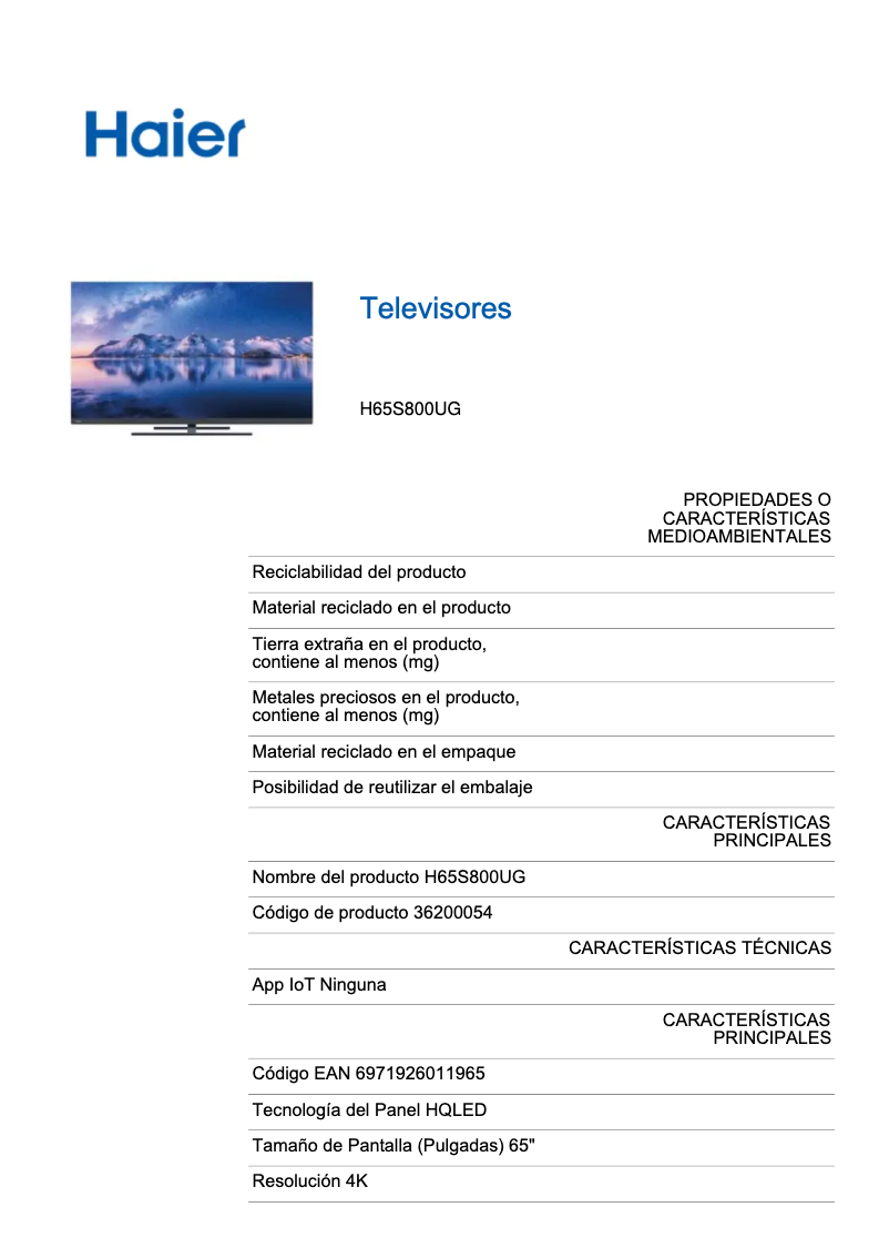 Page 1 de la notice Manuel utilisateur Haier H65S800UG