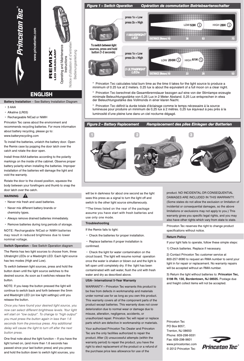 Page 1 de la notice Manuel utilisateur Princeton Tec HYB-BK