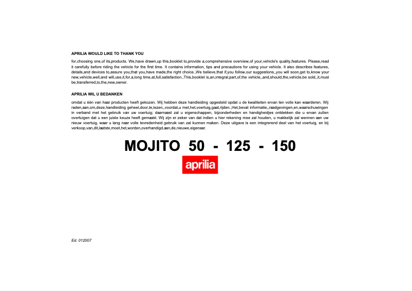 Page 1 de la notice Manuel utilisateur Aprilia Mojito 50 (2006)