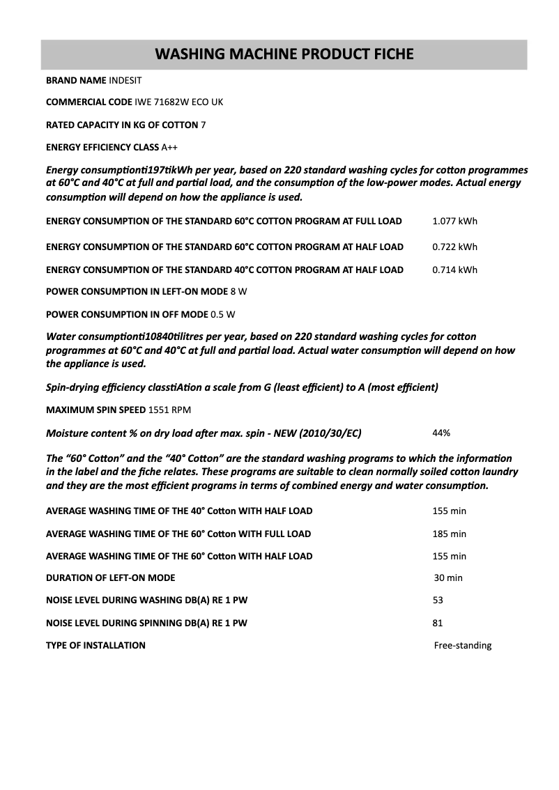 Page n°1 - Fiche technique Indesit IWE 71682W ECO UK