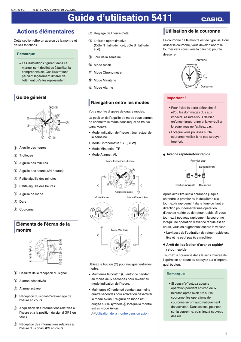 Page 1 de la notice Manuel utilisateur Casio G-Shock MRG-G1000