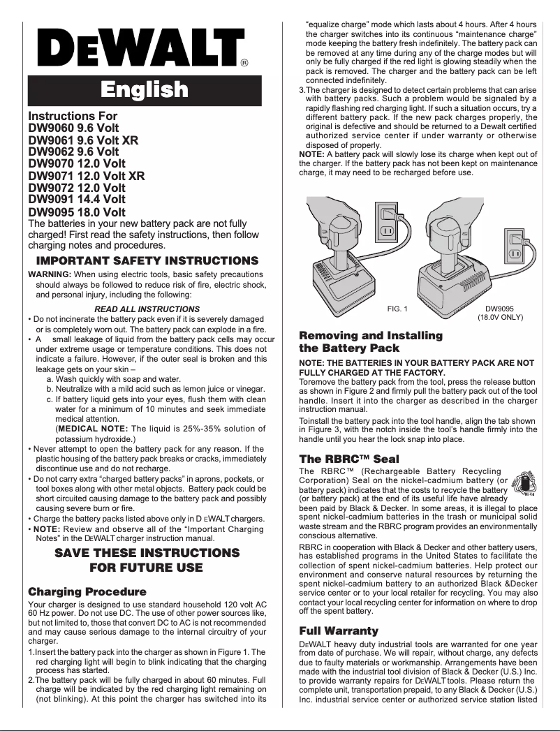 Page 1 de la notice Manuel utilisateur DeWalt DW9095