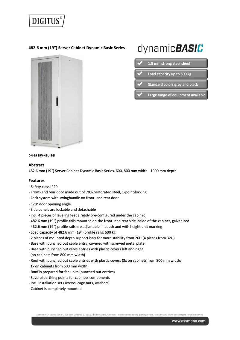 Page 1 de la notice Fiche technique Digitus DN-19 SRV-26U-D