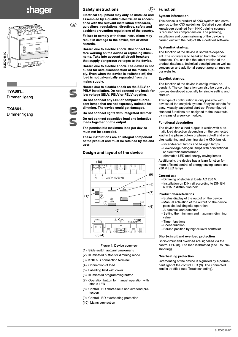 Page n°1 - Manuel utilisateur Hager TYA661B