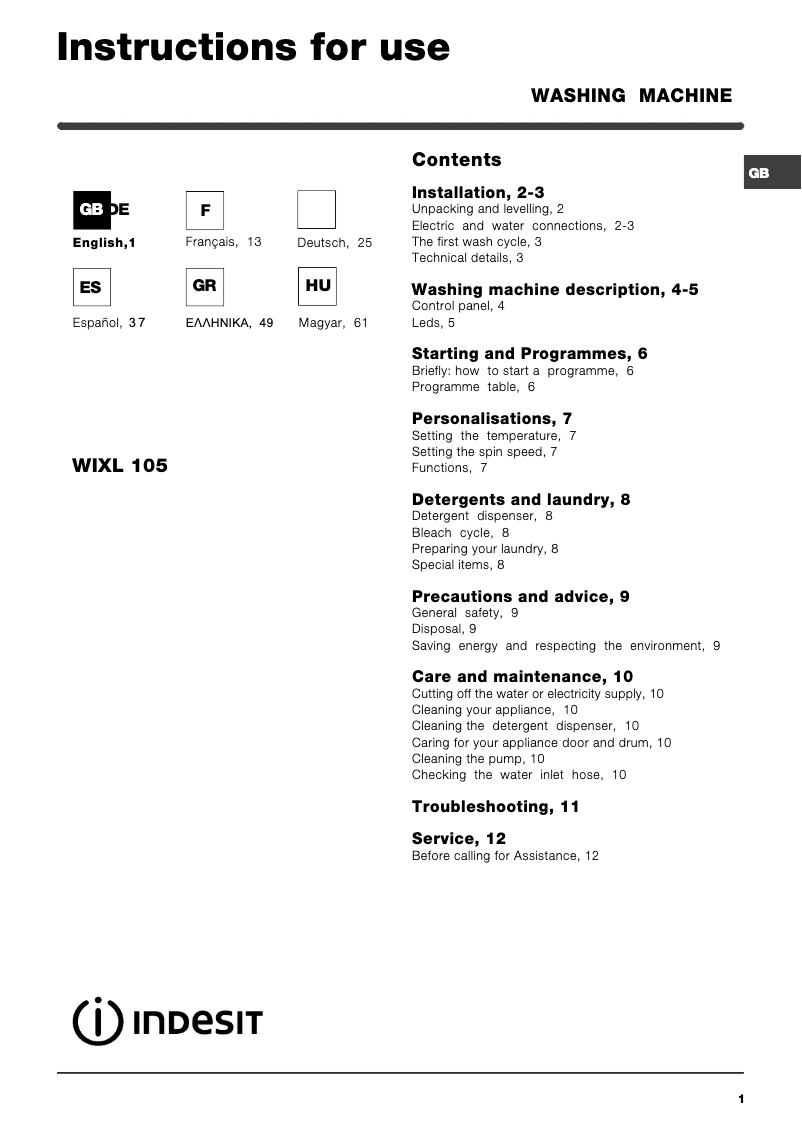 Image de la première page du manuel de l'appareil WIXL 105 (EX) (V)