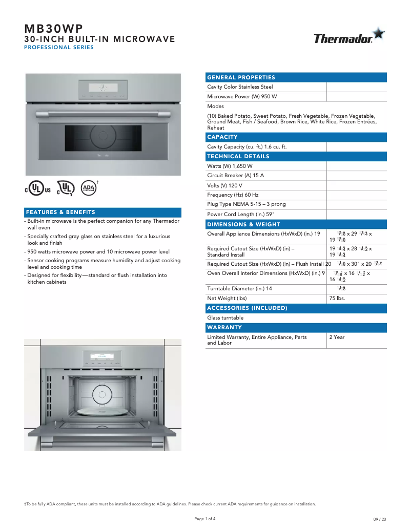 Page 1 de la notice Fiche technique Thermador MB30WP