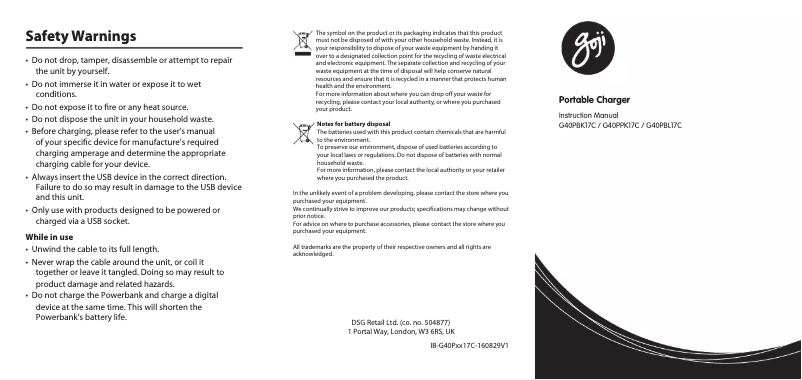 Page 1 de la notice Manuel utilisateur Goji G40PBK17C