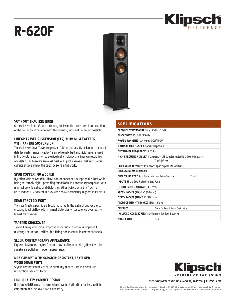 Page 1 de la notice Fiche technique Klipsch Reference R-620F