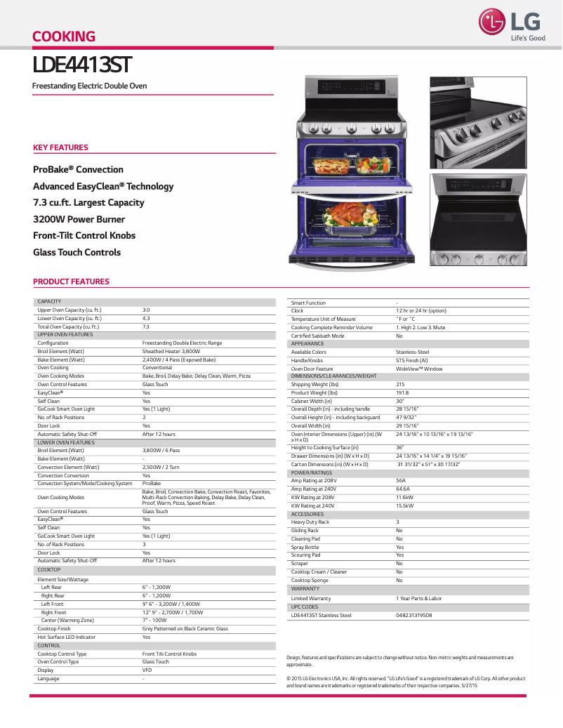 Page 1 de la notice Fiche technique LG LDE4413ST