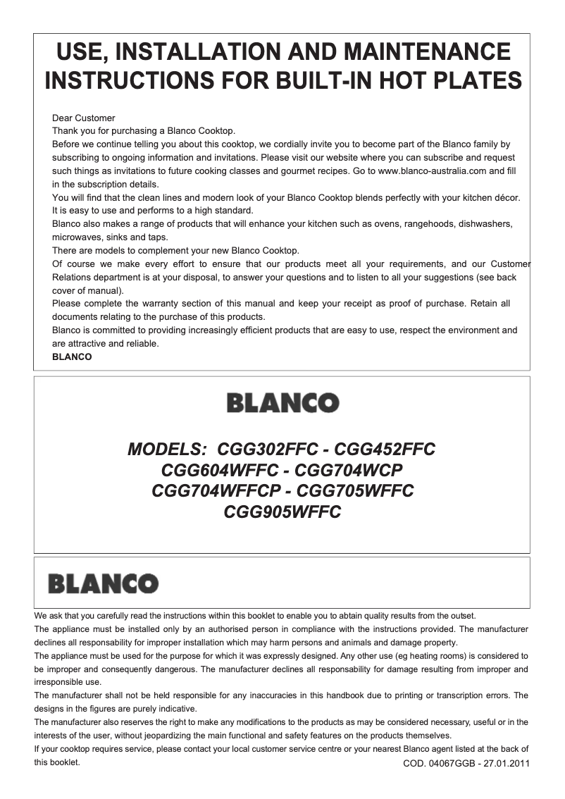 Page 1 de la notice Mode d'emploi BLANCO CGG905WFFC